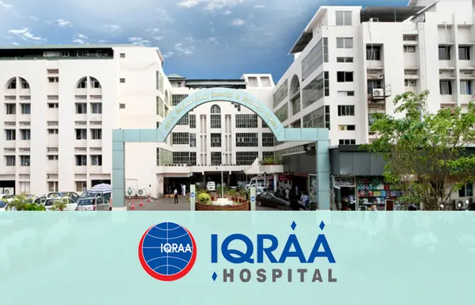 Modern building front view of IQRAA Hospital with signboard and logo
